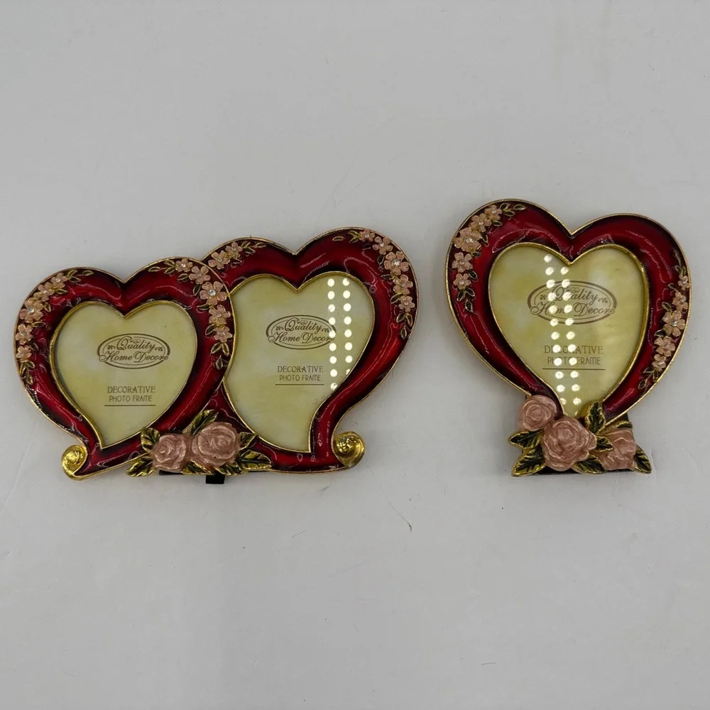 2 Vtg Y2K New Quality Home Decore Picture Photo Frames Enamel Floral Hearts